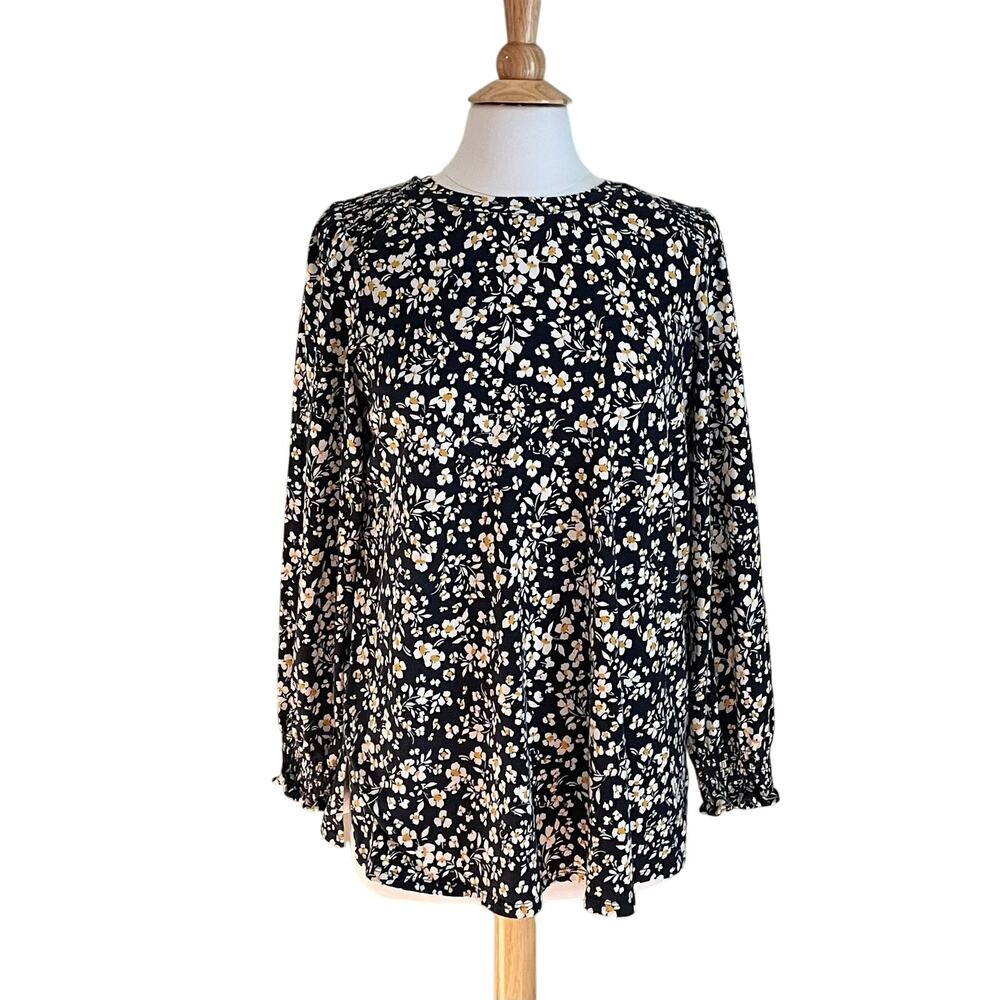 J. Jill Cotton Stretch Smocked Tunic, Navy Yellow Daisy, Boho, Cottage, S